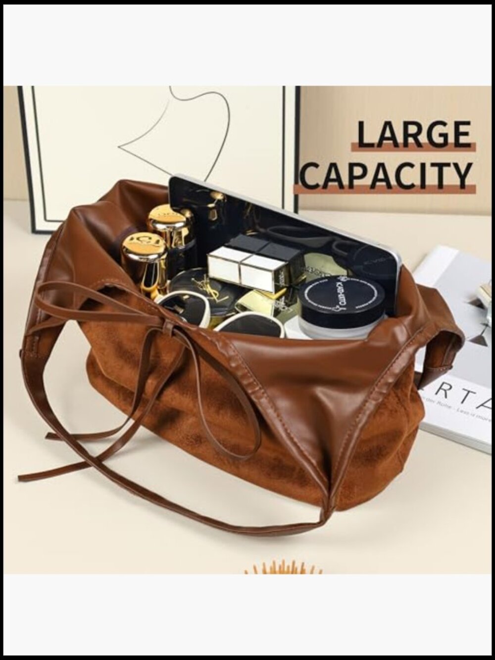 Vintage Suede Bow Tote Bag Slouchy Shoulder Hobo Satchel Purse Large Capacity - Picture 3 of 7